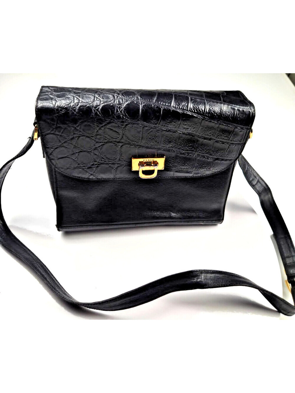 Gianfranco Ferre Black Leather Crossbody Bag with Crocodile Embossed Flap